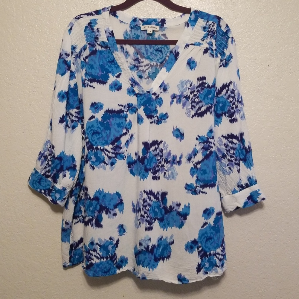 Artisan NY 3x Blouse Shirt White Blue 3/4 sleeve